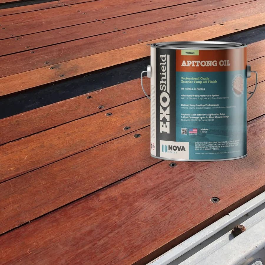 Apitong Oil one-gallon can on a hardwood trailer deck