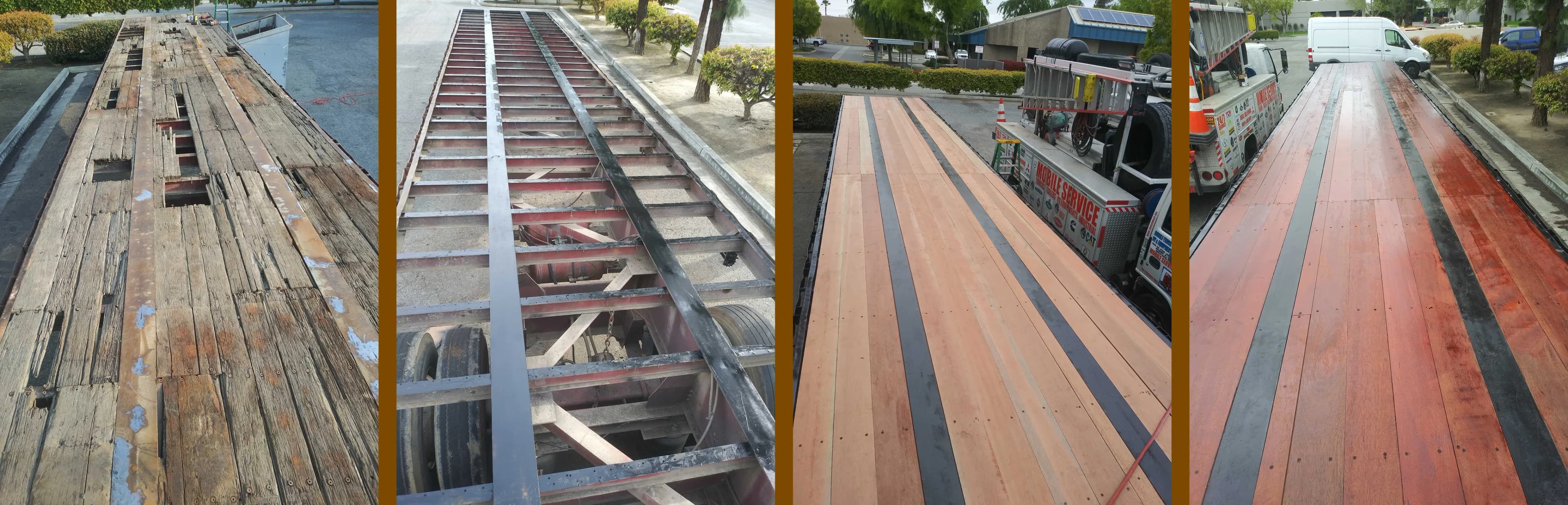Bakersfield, CA flatbed trailer — before, during, and after Apitong Oil application triptych
