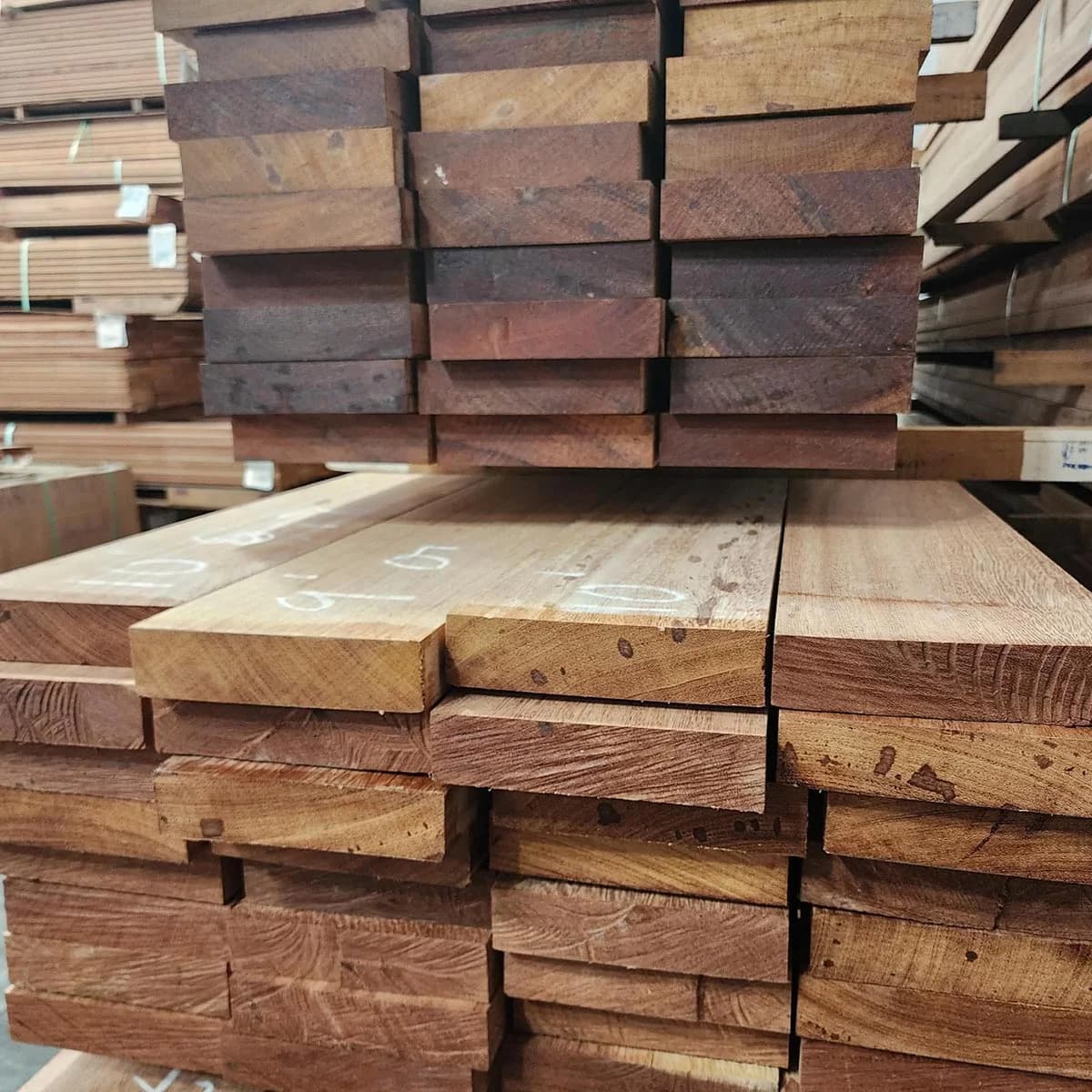 Brazilian Apitong, Angelim Pedra 2x12 (Net 1-3/4 x 11-1/2)  Std + Btr S4S Square Edge KD