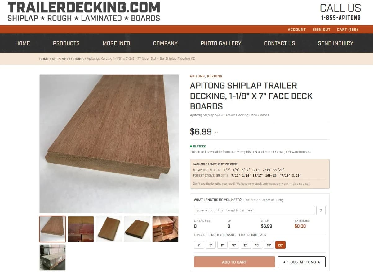 Product detail page on TrailerDecking.com showing length picker and lineal-feet input.