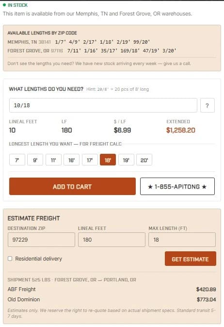 Product detail page after entering zip code, with freight cost calculated.