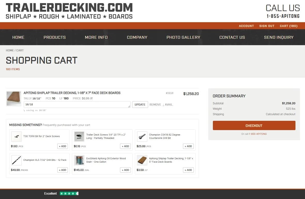 Shopping cart on TrailerDecking.com with shiplap trailer flooring added.
