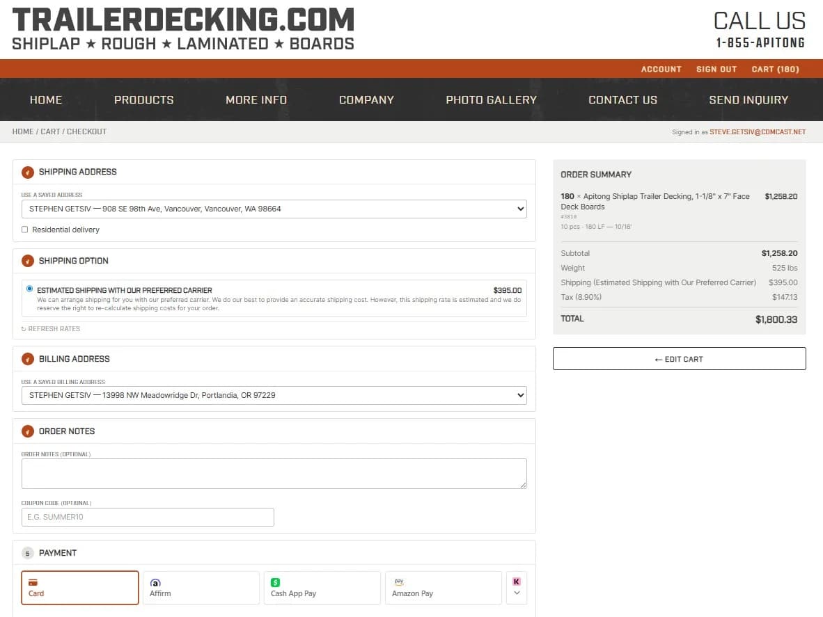 Checkout flow showing shipping address, order notes, and payment fields.