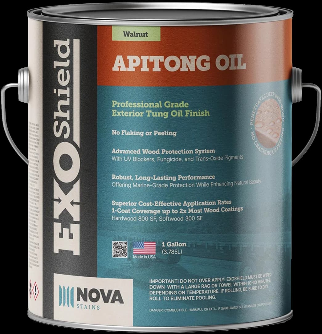 Apitong Oil one-gallon can on a hardwood trailer deck