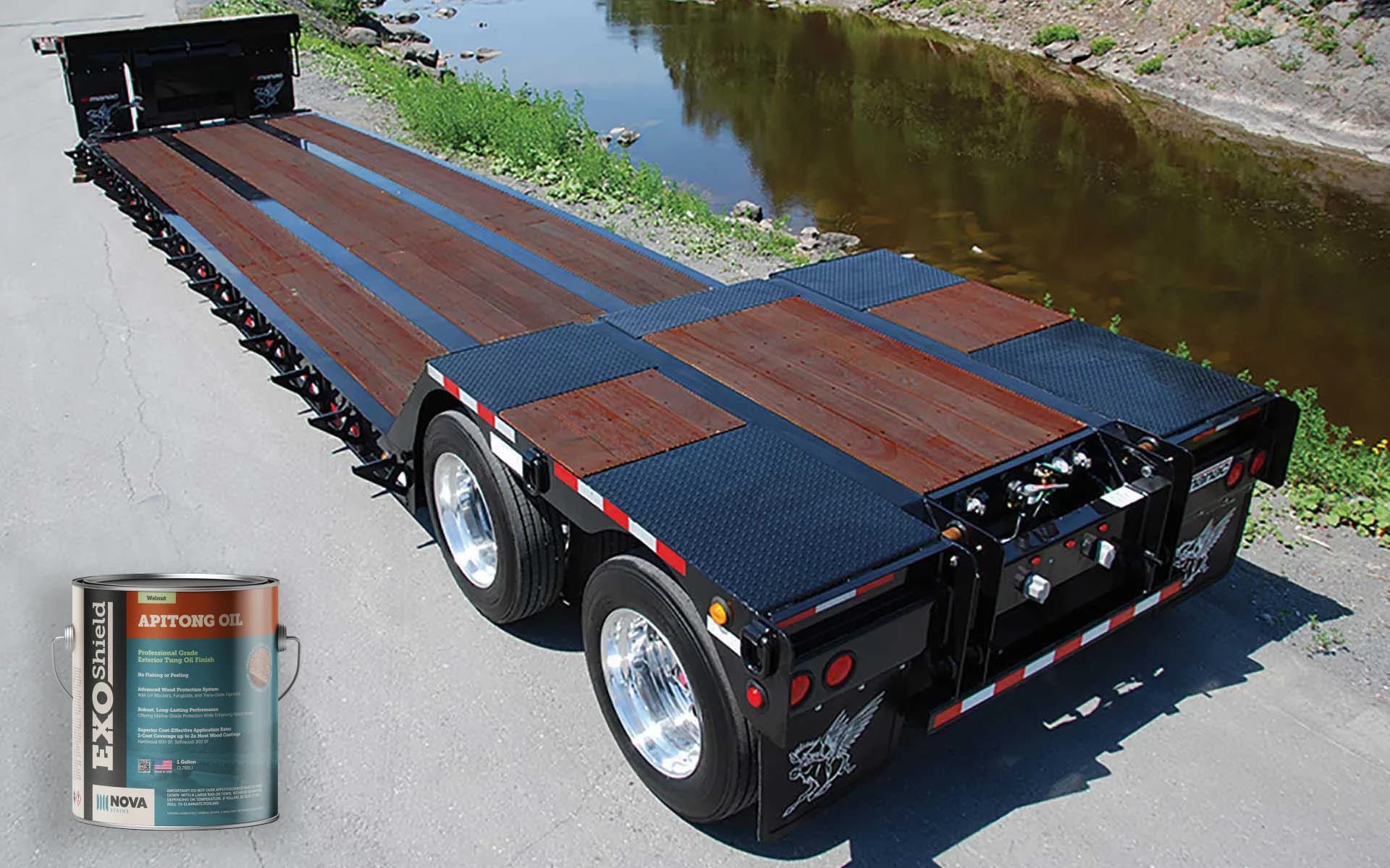 Apitong Oil one-gallon can on a hardwood trailer deck